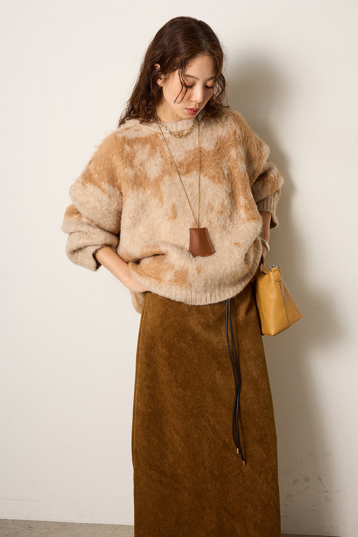 [SET]モヘアタッチマーブルニット+ロープベルト付きスウェード調スカート(2set)