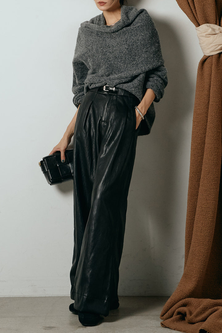 [SET]ネック巻きデザインニットトップス+ベルト付きレザーライクタックパンツ(2set)