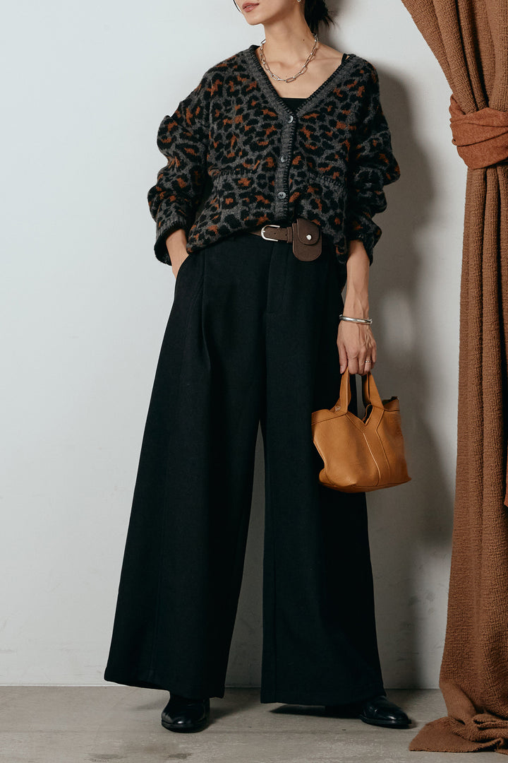 [SET]ステッチデザインレオパードニットカーディガン+ポーチベルト付きカーブパンツ(2set)