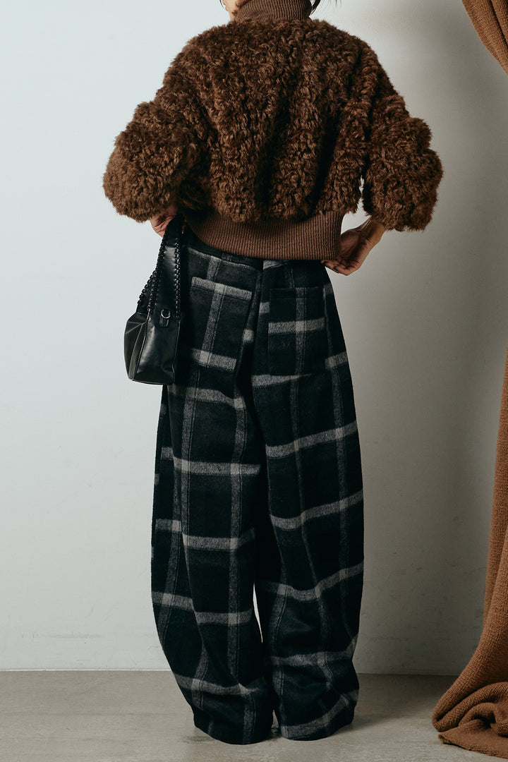 [SET]ハイネックショート丈ボアジップブルゾン+起毛タータンチェック柄ワイドパンツ(2set)