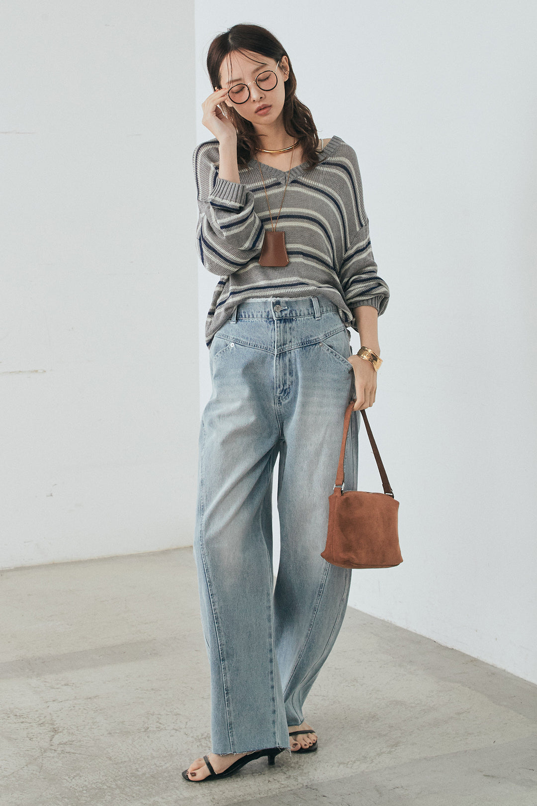 [SET]綿タッチVネックボーダートップス+デニムヨークパンツ(2set)