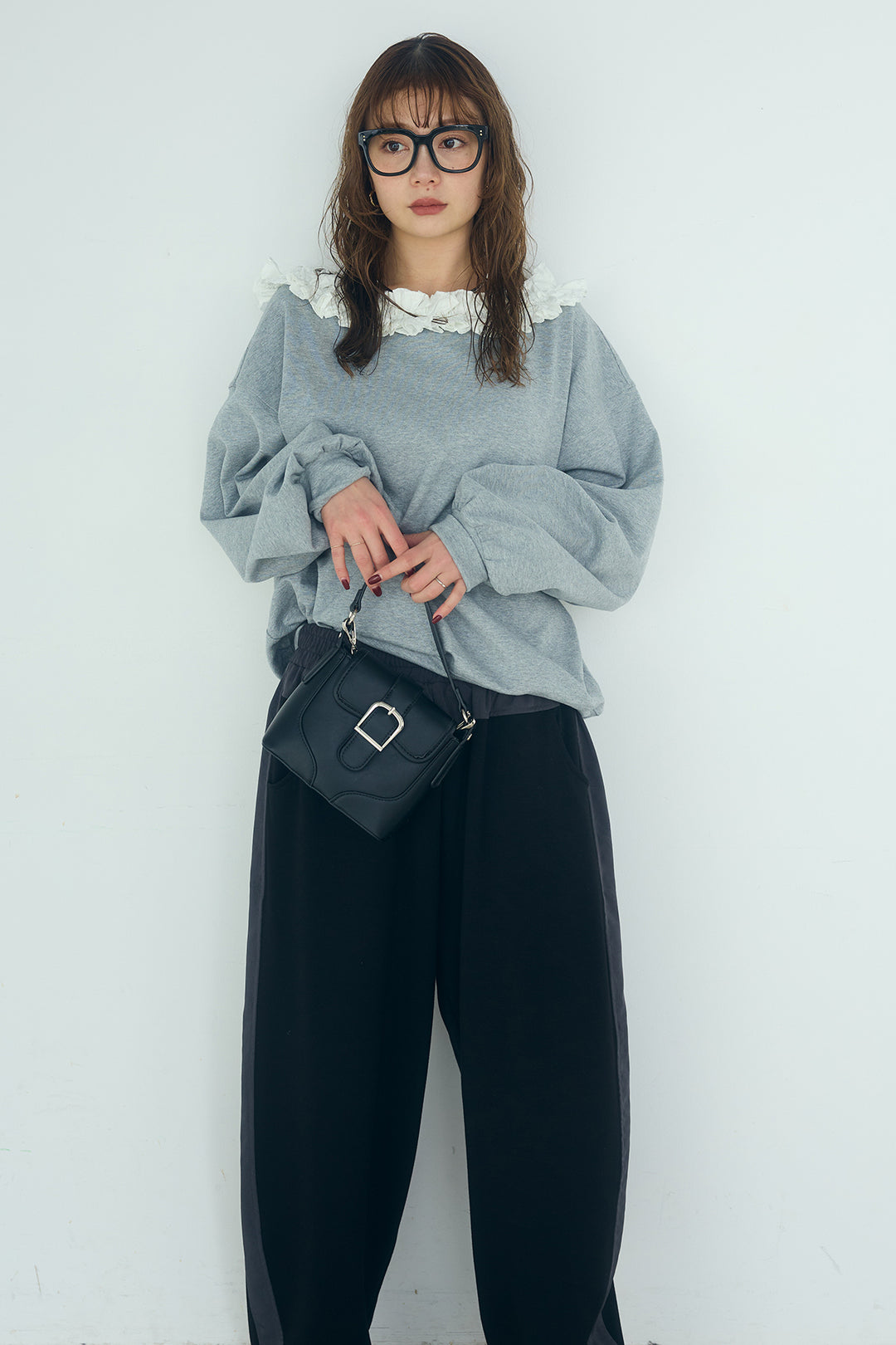 [SET]ネックギャザーフリルスウェット+異素材切り替えスウェットパンツ(2set)