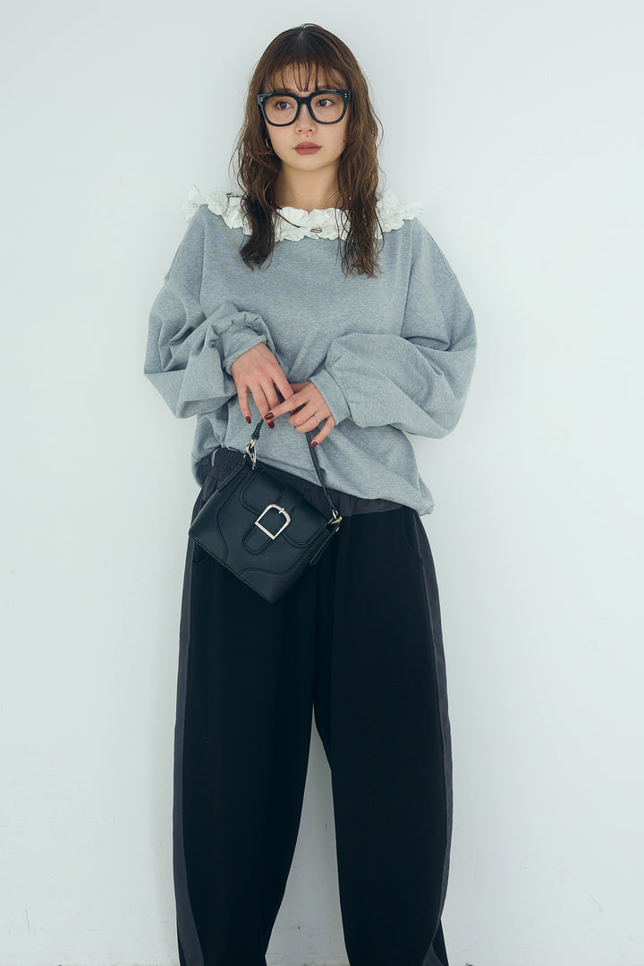 [SET]ネックギャザーフリルスウェット+異素材切り替えスウェットパンツ(2set)