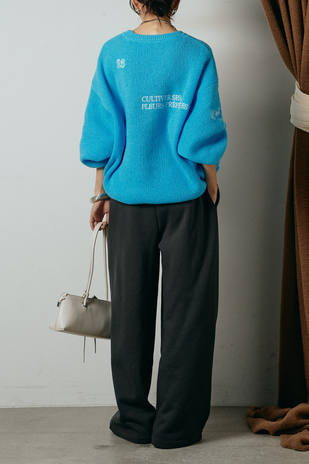 [SET]刺繍ロゴランダムデザインニットトップス+裏起毛スウェットワイドパンツ(2set)