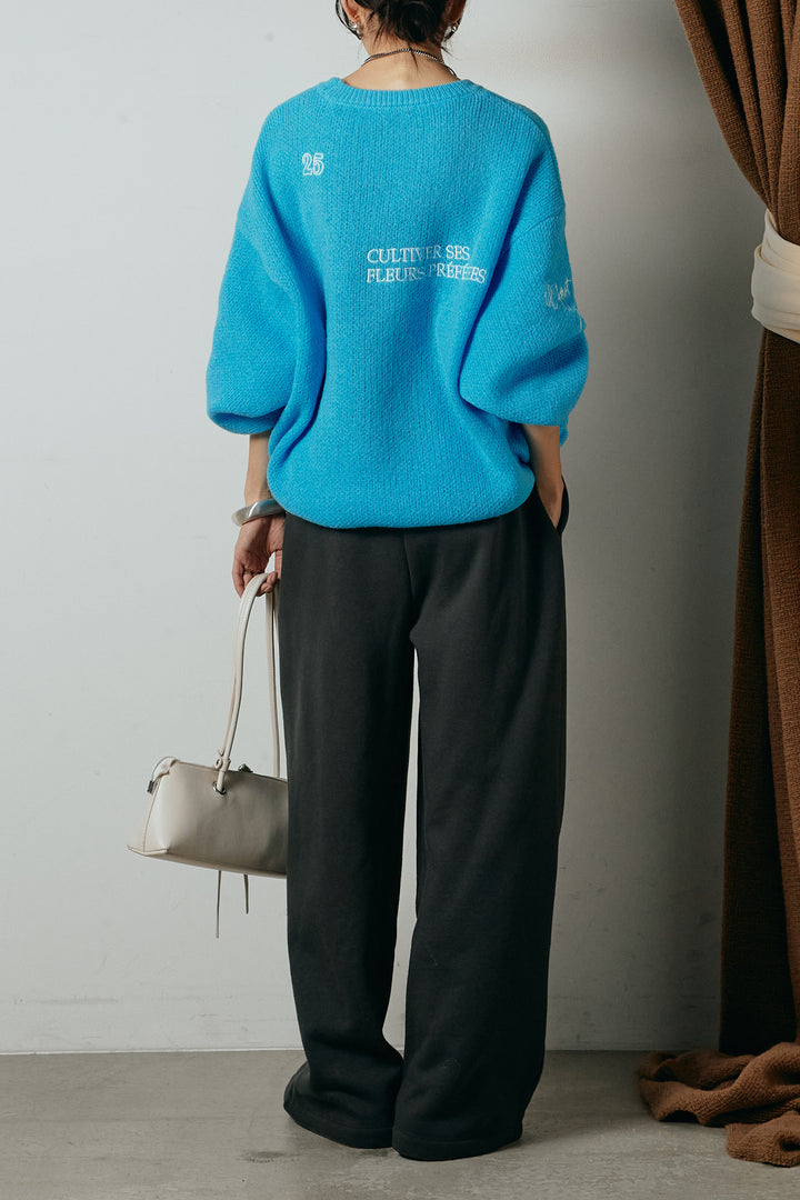 [SET]刺繍ロゴランダムデザインニットトップス+裏起毛スウェットワイドパンツ(2set)