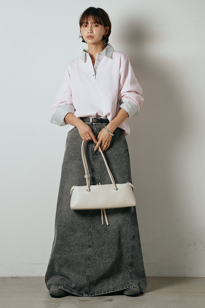 [SET]ストライプシャツドッキングポロトップス+デニムロングフレアスカート(2set)