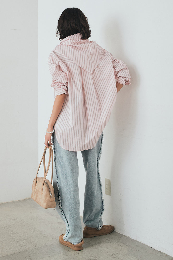 [SET]ランダムストライプスカーフ付きシャツ+デニムサイドフリルパンツ(2set)