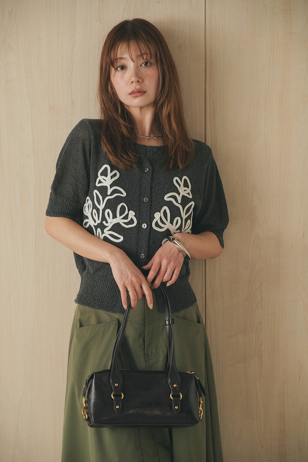 [SET]フロントテープデザイン半袖カーディガン+ミリタリーツイルタックフレアスカート(2set)