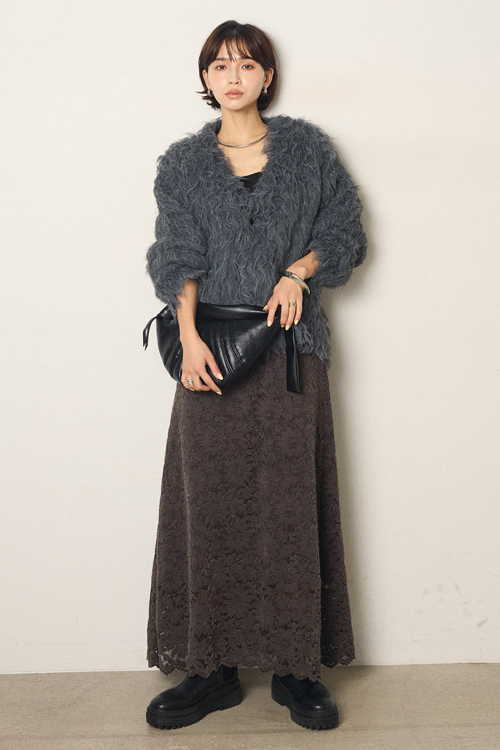 [SET]起毛シャギーニットカーディガン+花柄刺繍ベロアフレアスカート(2set)