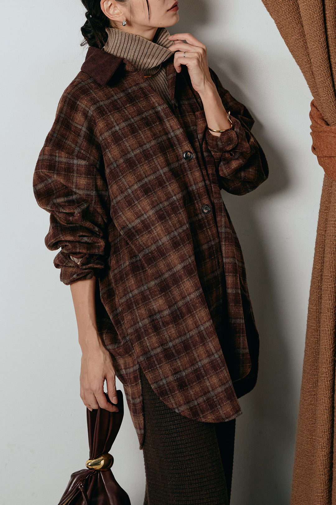 [SET]シャギーチェックシャツジャケット+ワイドリブニットイージーパンツ+リブニットシームレスタートルプルオーバー(3set)