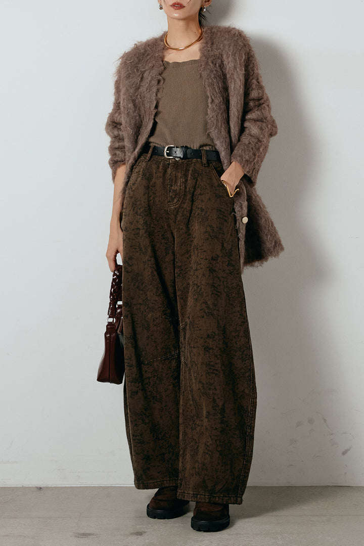 [SET]ウェーブシャギーニットジャケット+ベルト付きニュアンス柄カーブワイドパンツ(2set)