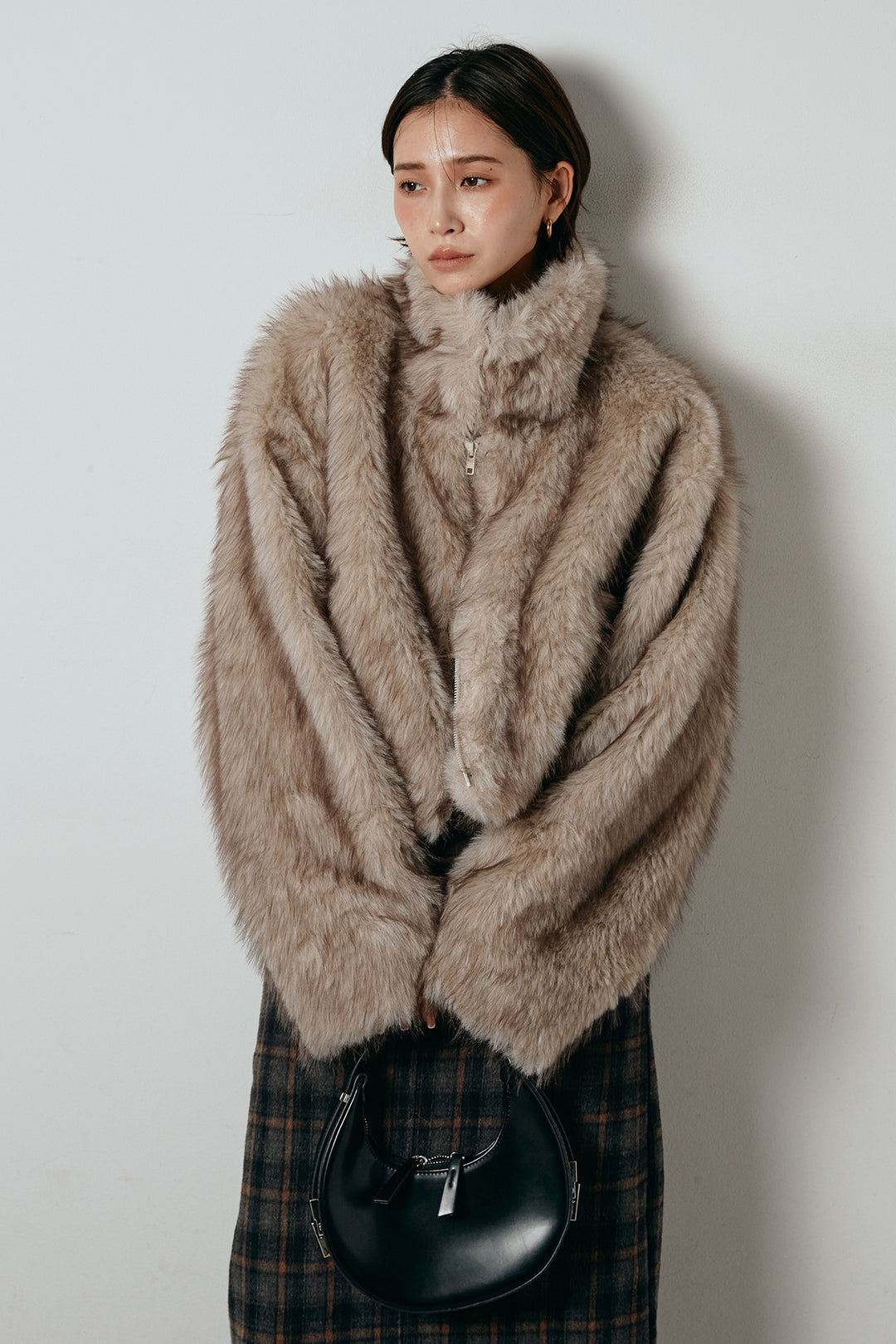 [SET]エコファーショート丈ブルゾン+シャギーチェックストレートスカート(2set)