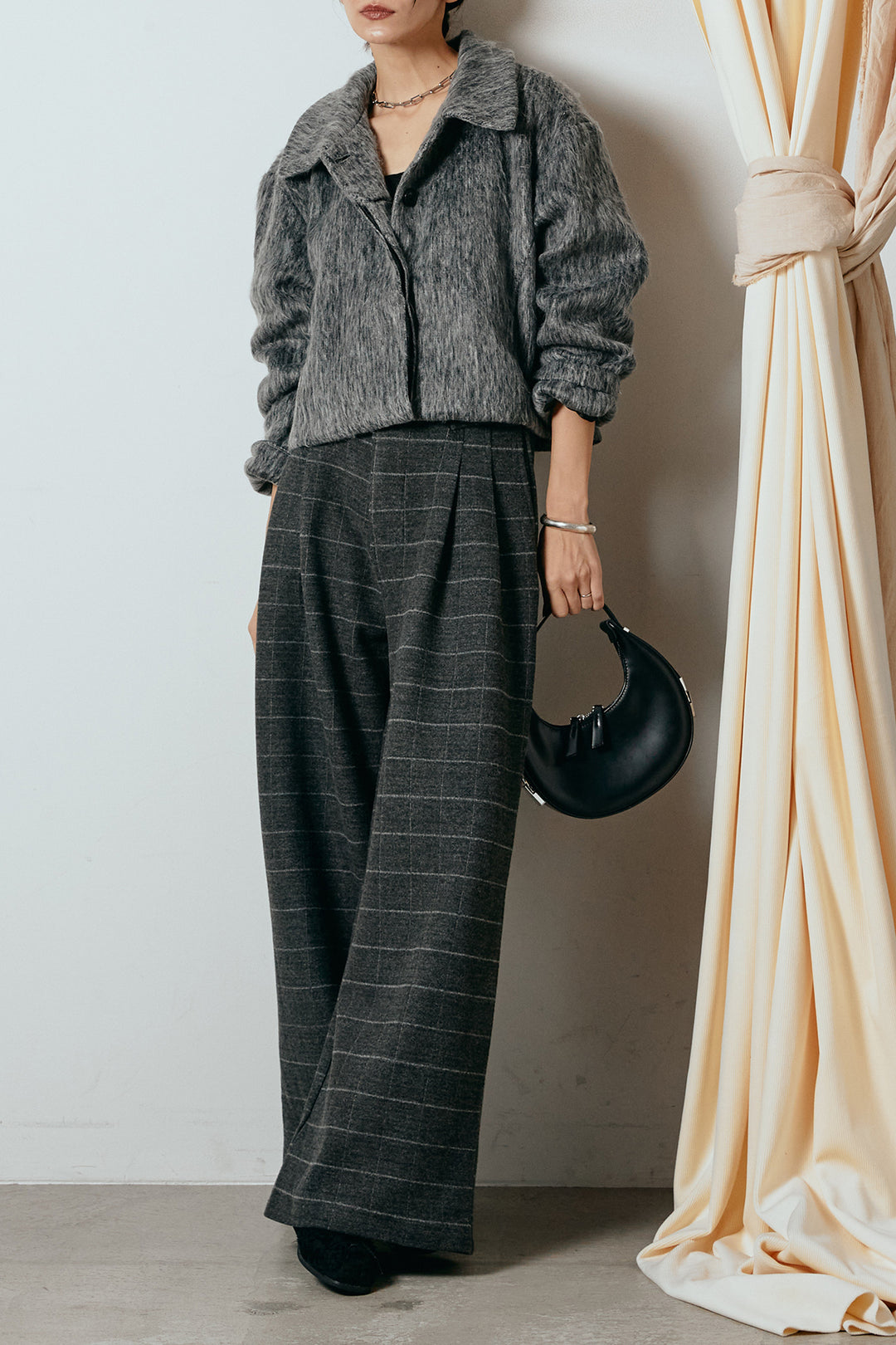 [SET]シャギーショートジャケット+スクエアチェック柄ワイドパンツ(2set)