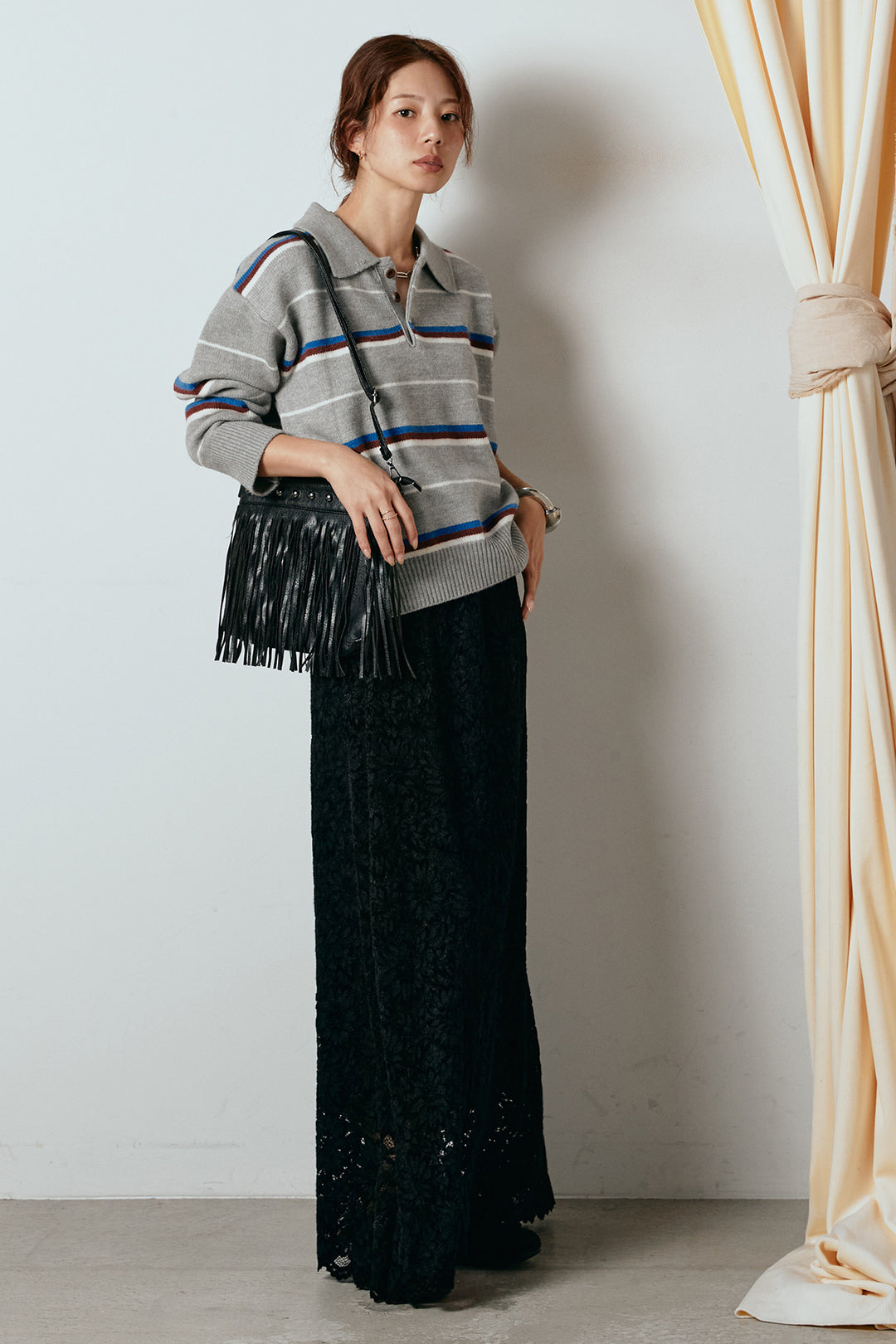 [SET]襟付きマルチボーダーニットポロトップス+花柄刺繍ベロアフレアスカート(2set)