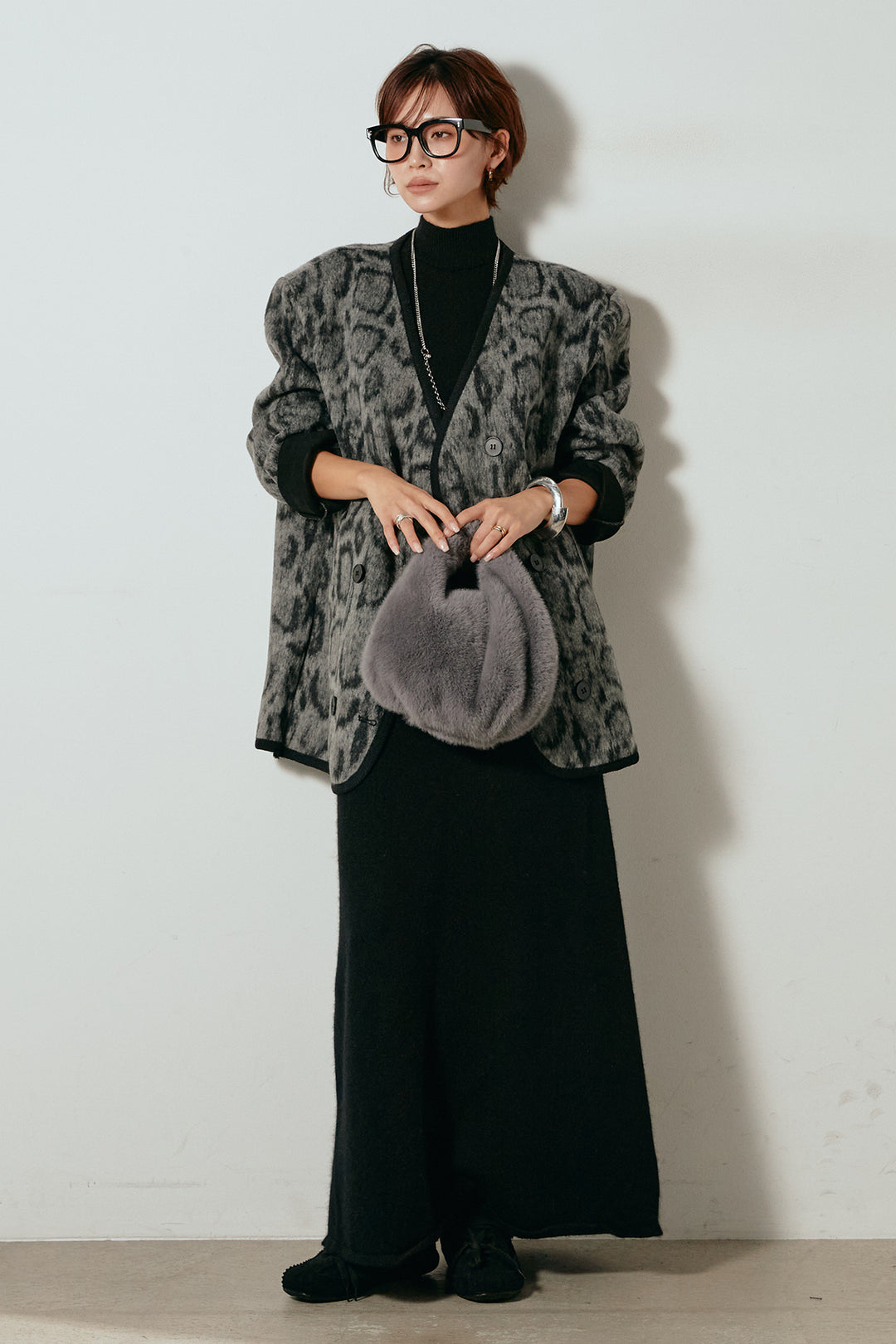 [SET]ノーカラーレオパード柄アウター+ノースリーブニットロングワンピース(2set)