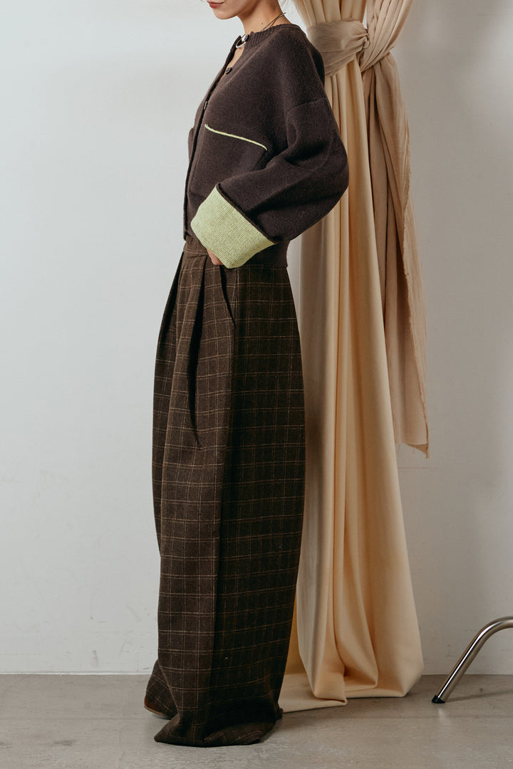 [SET]アルパカタッチダブルフェイスカーディガン+ウールライクチェックタックパンツ(2set)