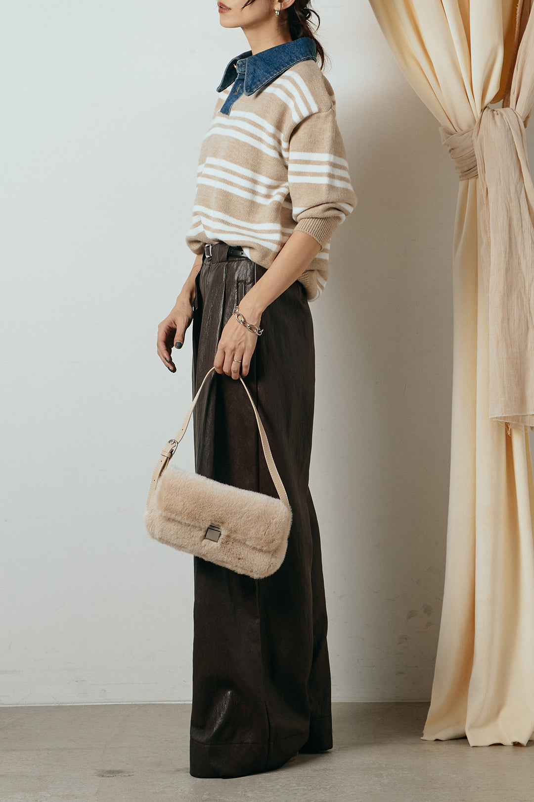 [SET]デニムレイヤード風ランダムボーダーニットプルオーバー+ベルト付きレザーライクタックパンツ(2set)