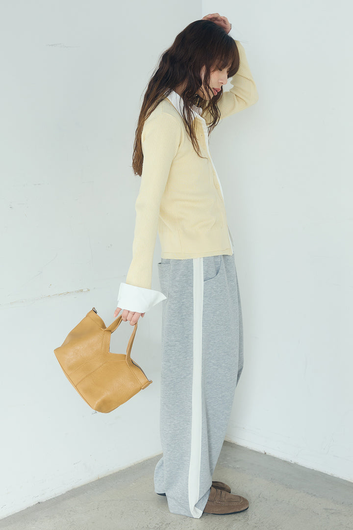 [SET]シャツドッキングボタンニットカーディガン+異素材切り替えスウェットパンツ(2set)