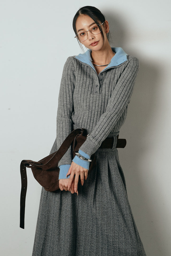 [SET]レイヤード風リブニットトップス+太ベルト付きヘリンボーンプリーツスカート(2set)