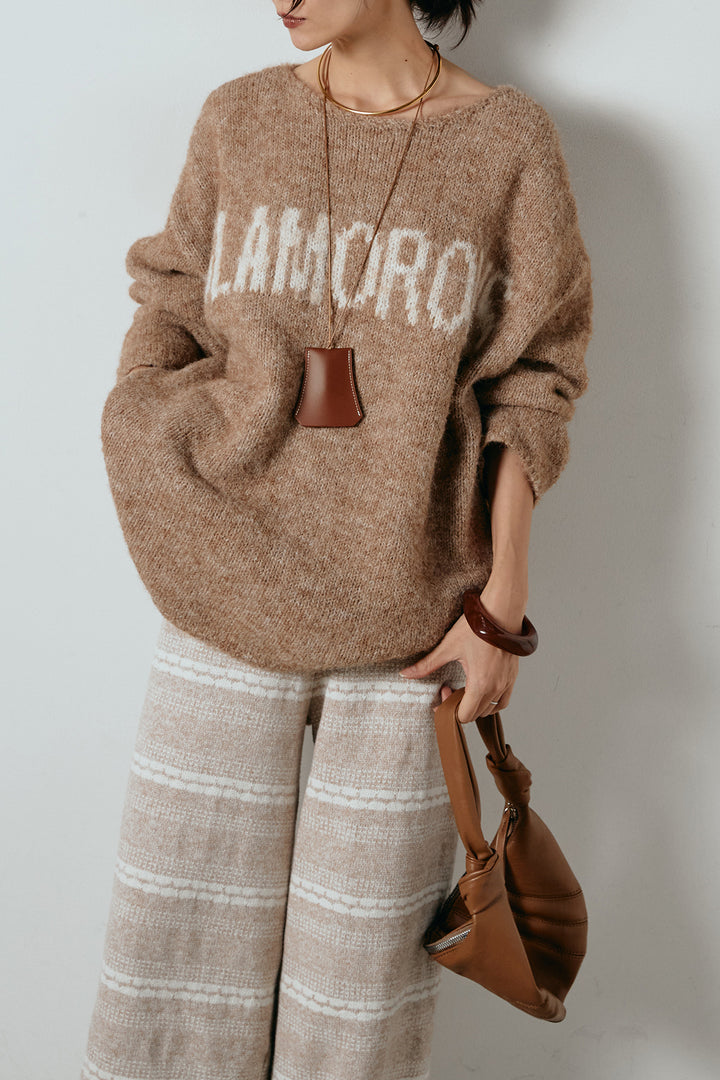 [SET]フロントロゴデザインニットトップス+マルチライン柄リラックスニットパンツ(2set)