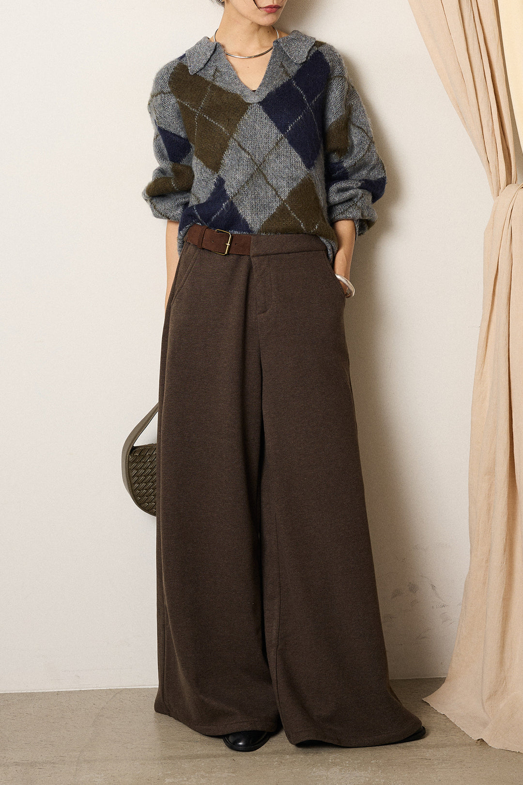 [SET]アクリルモヘアアーガイルキーネックプルオーバー+サイドベルトパンツ(2set)