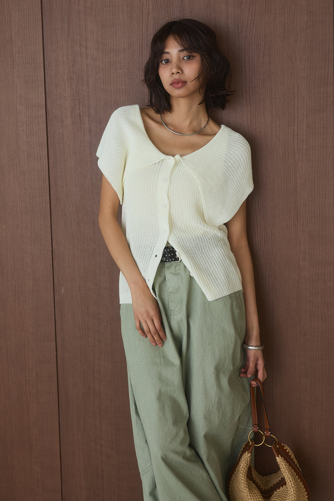 [SET]ビッグカラーボタンニットトップス+ベルト付きカラーデニムパンツ(2set)