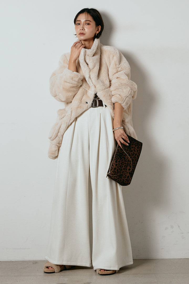 [SET]スタンドネックファーコート+フェイクレザー太ベルト付きタックワイドパンツ(2set)