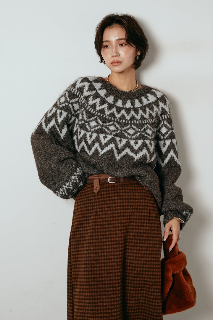 [SET]ノルディック柄Uネックプルオーバー+スエード調ベルト付きチェックナロースカート(2set)