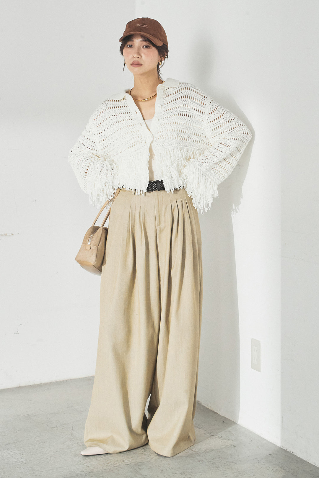 [SET]メッシュフリンジカーディガン+編みベルト付きウエストタックワイドパンツ(2set)