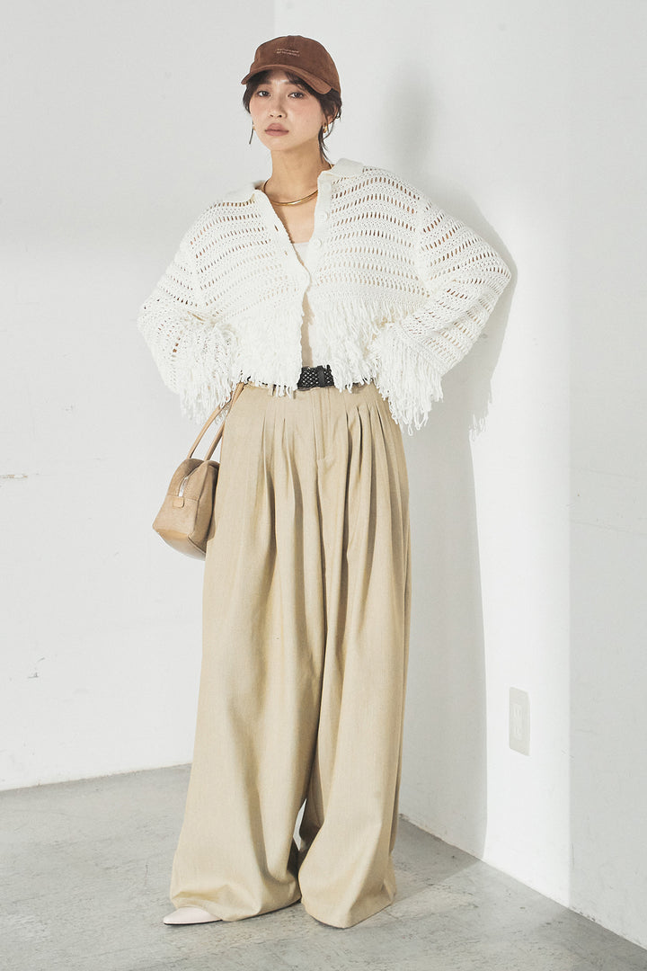[SET]メッシュフリンジカーディガン+編みベルト付きウエストタックワイドパンツ(2set)