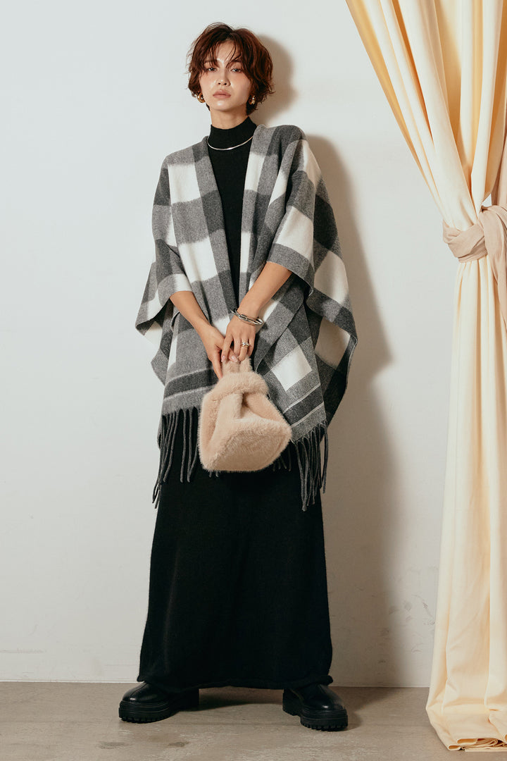 [SET]裾フリンジ柄ポンチョアウター+ノースリーブニットロングワンピース(2set)