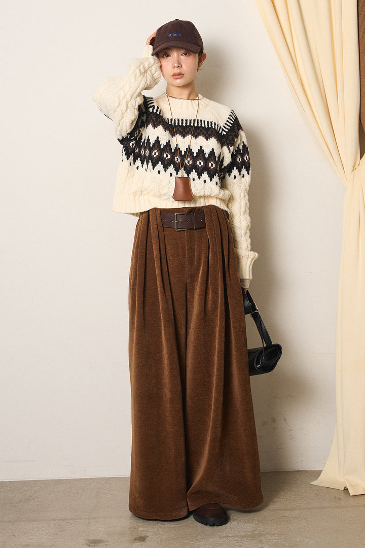 [SET]2WAY求心柄ジャガードショートカーディガン+ベルトループコーデュロイワイドパンツ+2WAY袖コード刺繍クルーネックプルオーバー(3set)