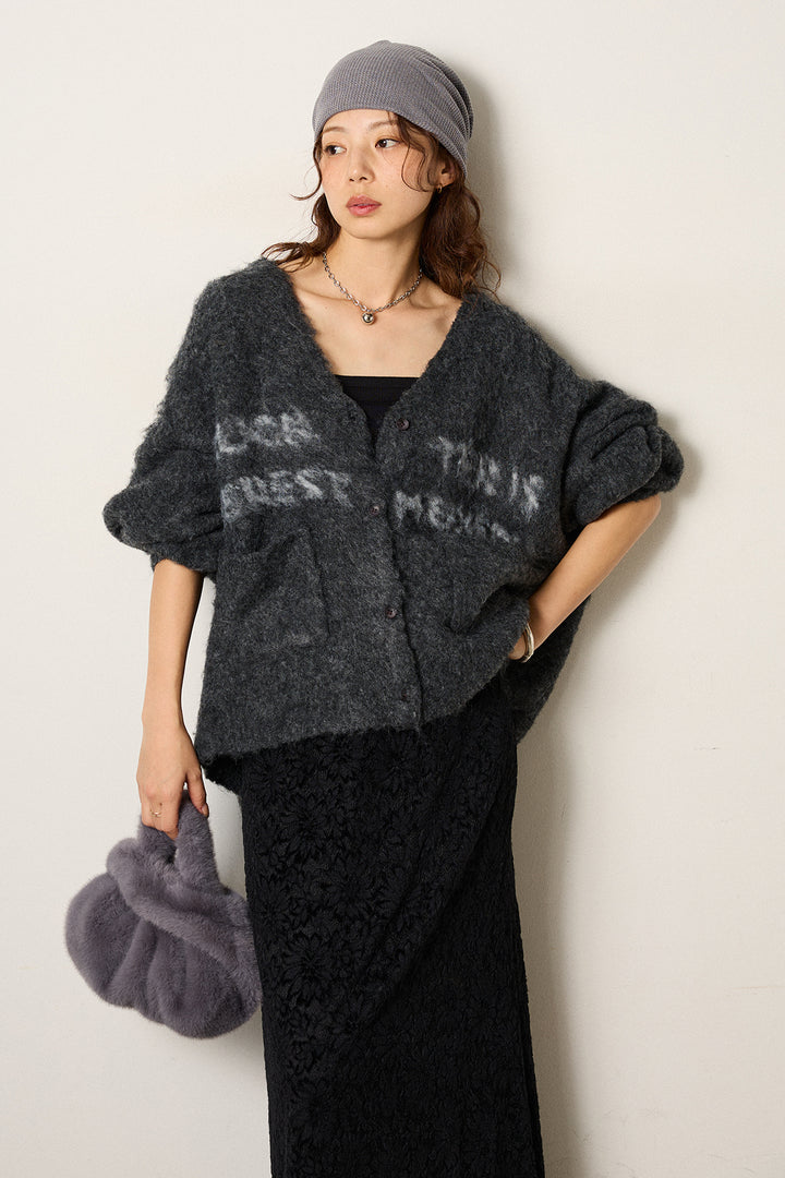 [SET]ウール混透かしロゴニットカーディガン+花柄刺繍ベロアフレアスカート(2set)