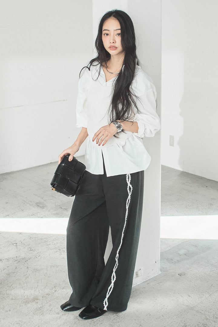 [SET]ニットキャミ付きシャツ+刺繡テープラインパンツ(2set)