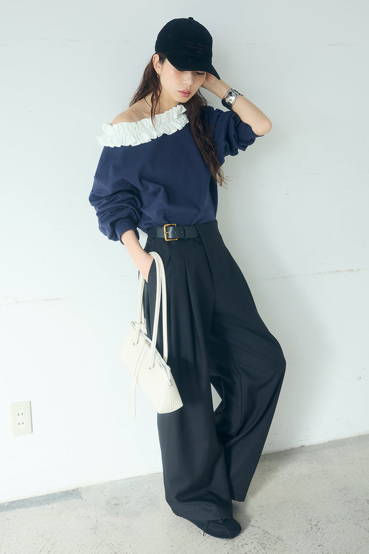 [SET]ネックギャザーフリルスウェット+サイドベルトタック入りスラックス(2set)