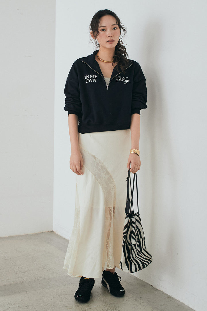 [SET]裏毛ロゴ刺繍ハーフZIPスウェット+刺繍レースデザインサテンスカート(2set)