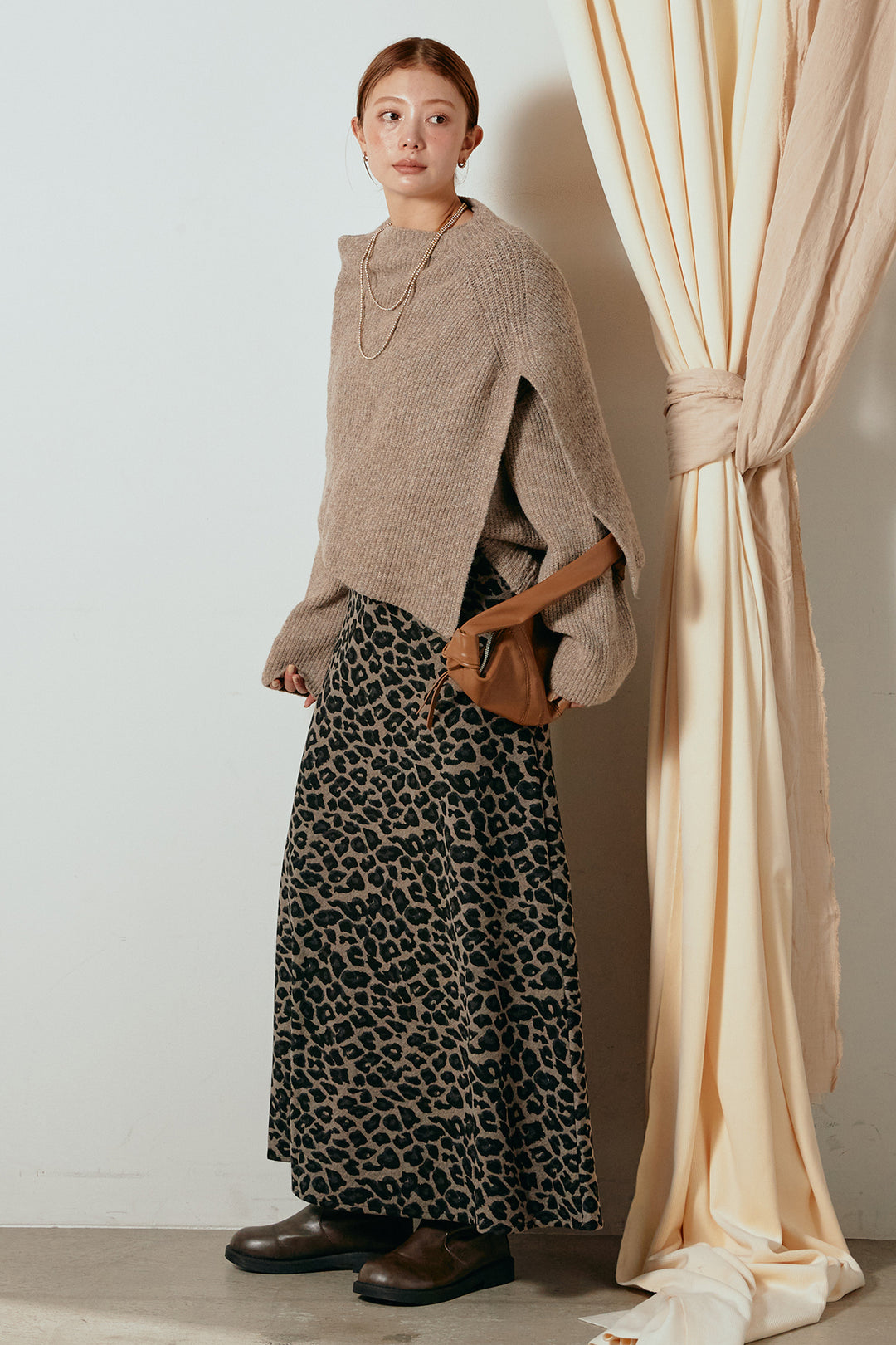 [SET]ケープデザインリブニットトップス+レオパードロングスカート(2set)