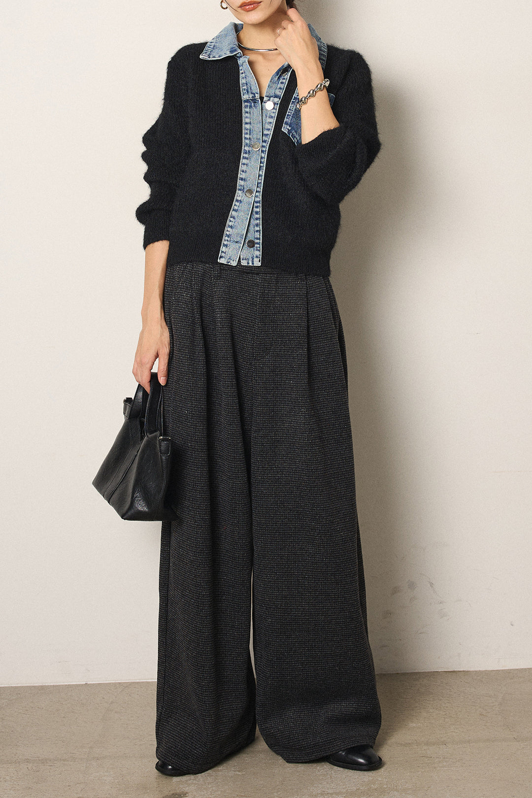 [SET]襟付きデニム切替ニットカーディガン+起毛タック入りツイードワイドパンツ(2set)