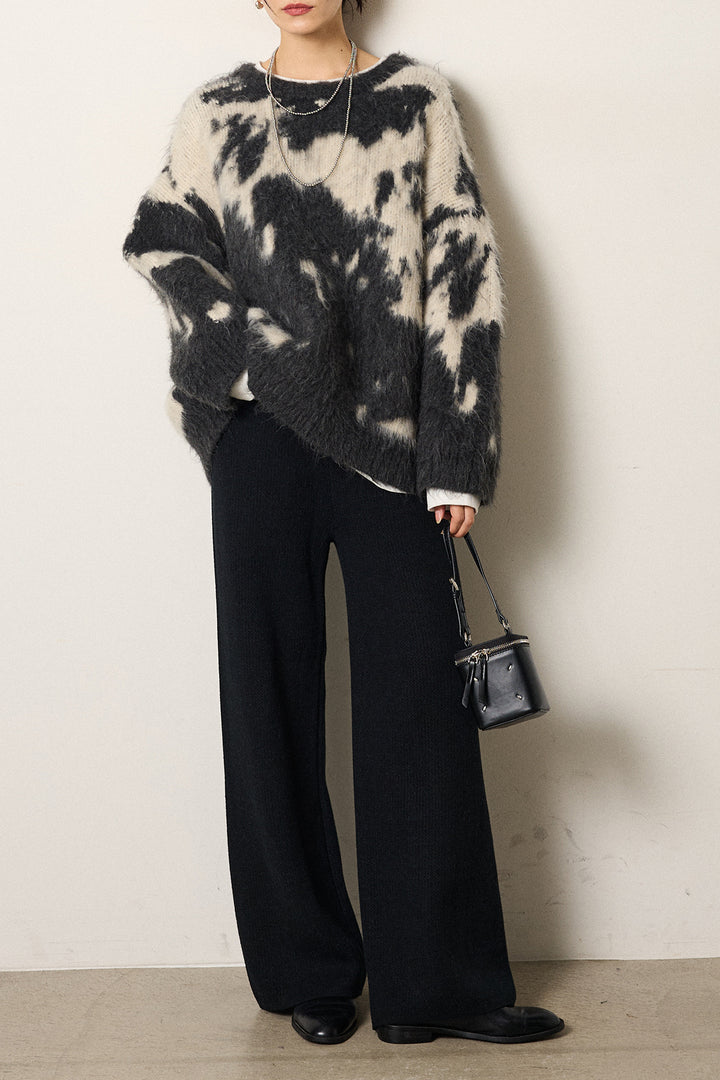 [SET]モヘアタッチマーブルニット+箔プリントBIGシルエットロングスリーブTシャツ+ワイドリブニットイージーパンツ(3set)