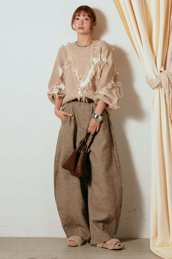 [SET]シャギージャガードニットトップス+ベルト付きネップツイードカーブパンツ(2set)
