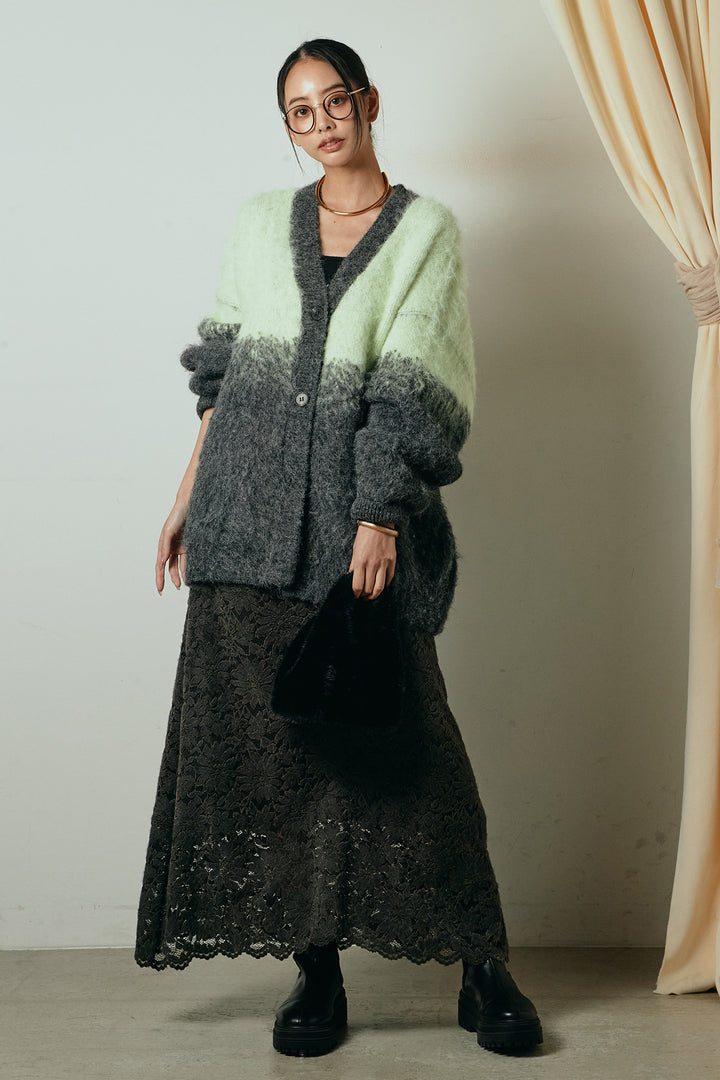 [SET]起毛グラデーションニットカーディガン+花柄刺繍ベロアフレアスカート(2set)