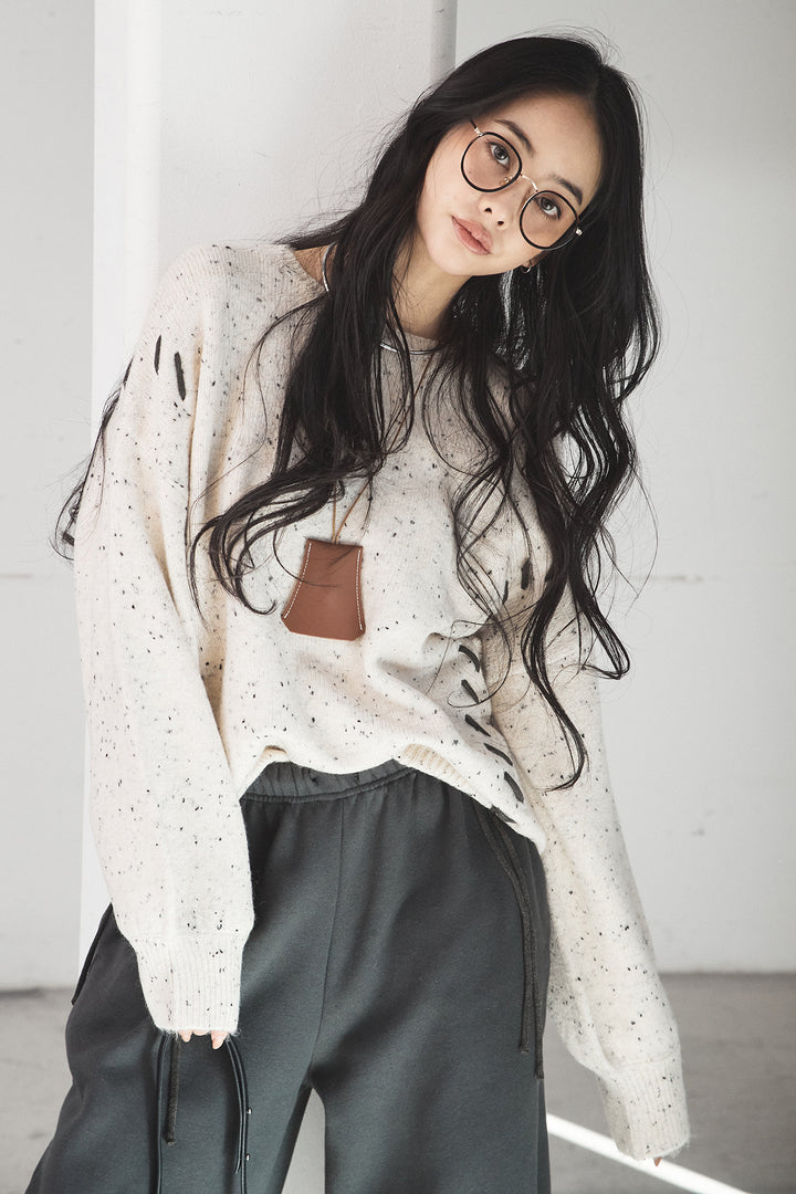 [SET]ネップ編み上げニットトップス+裏起毛スウェットワイドパンツ(2set)