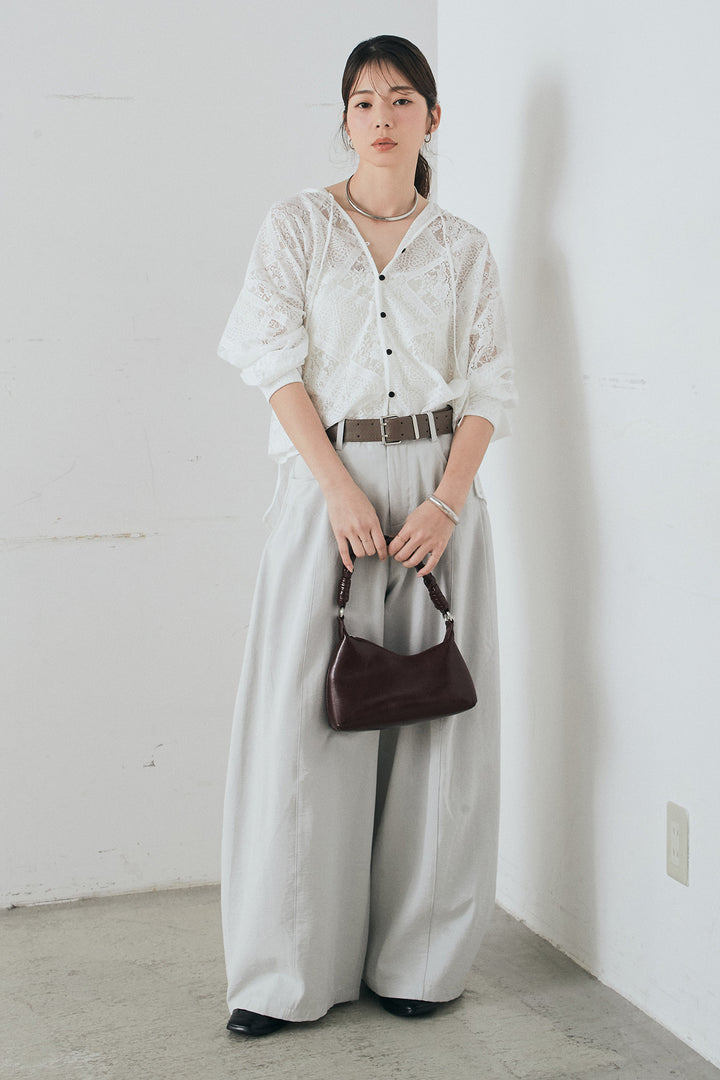 [SET]ブロックレースフード付きブラウス+ベルト付きサイドタックワイドパンツ(2set)