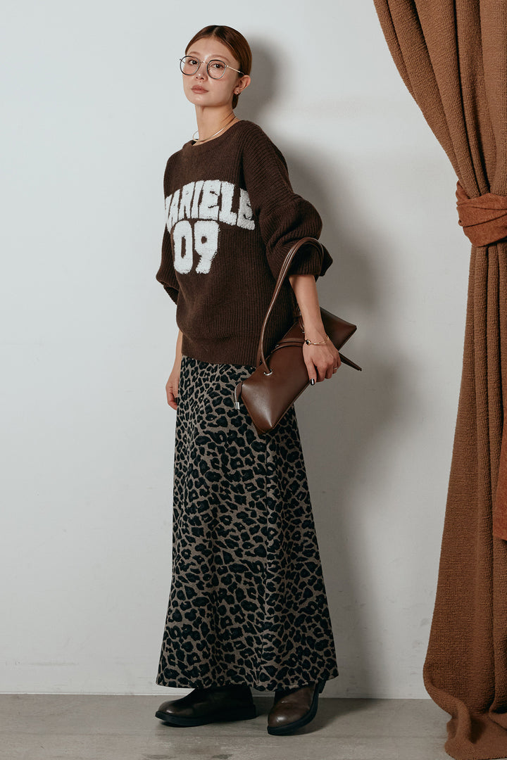 [SET]ロゴジャガードニットトップス+レオパードロングスカート(2set)