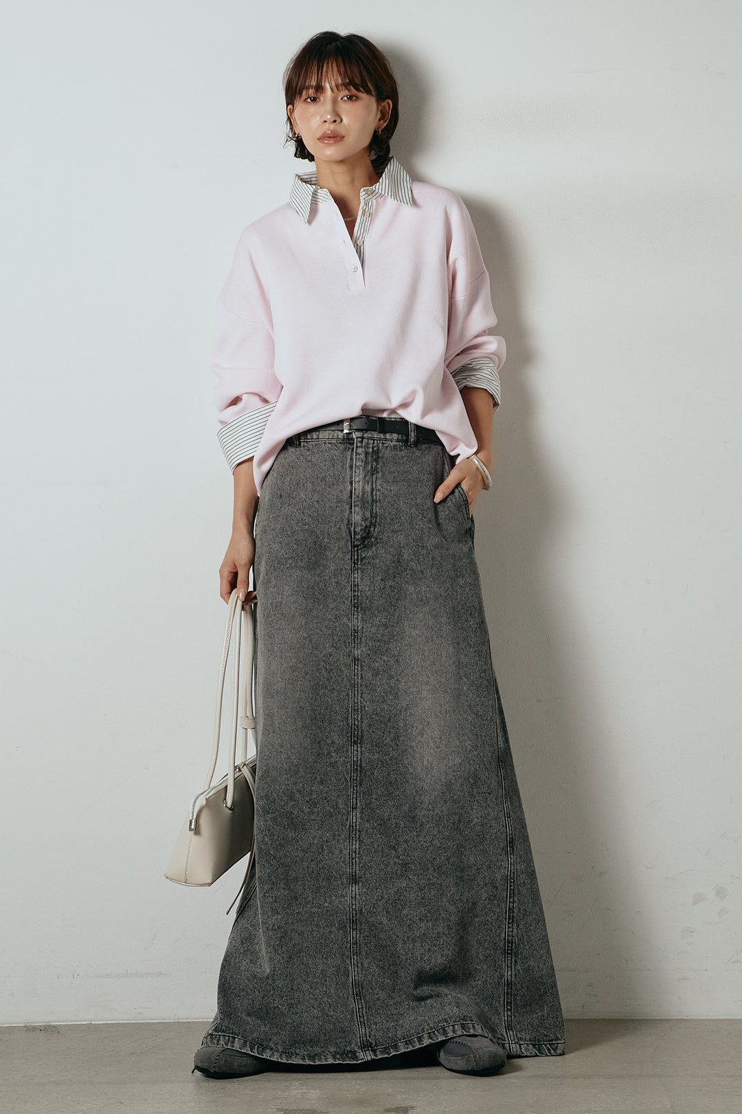 [SET]ストライプシャツドッキングポロトップス+デニムロングフレアスカート(2set)