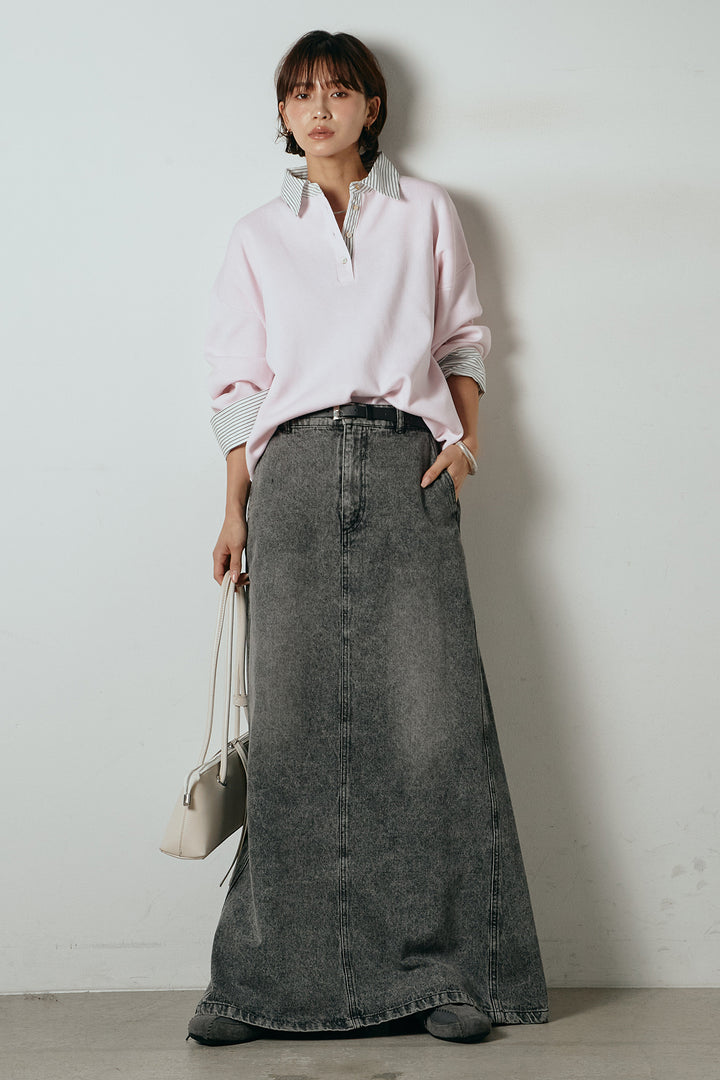 [SET]ストライプシャツドッキングポロトップス+デニムロングフレアスカート(2set)