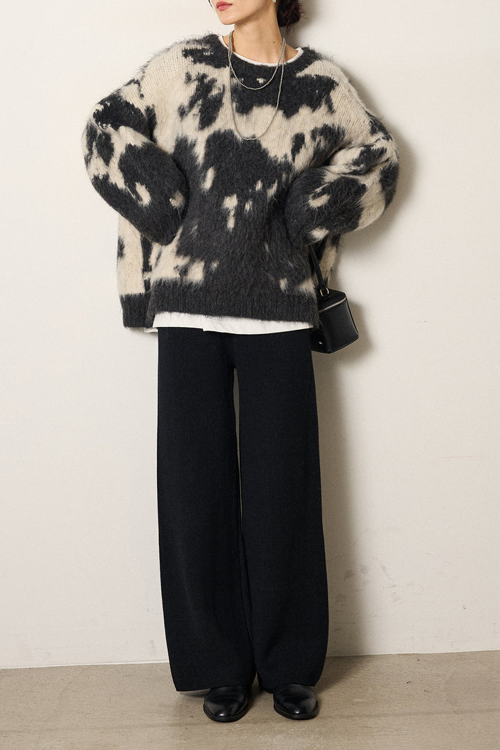 [SET]モヘアタッチマーブルニット+ワイドリブニットイージーパンツ(2set)
