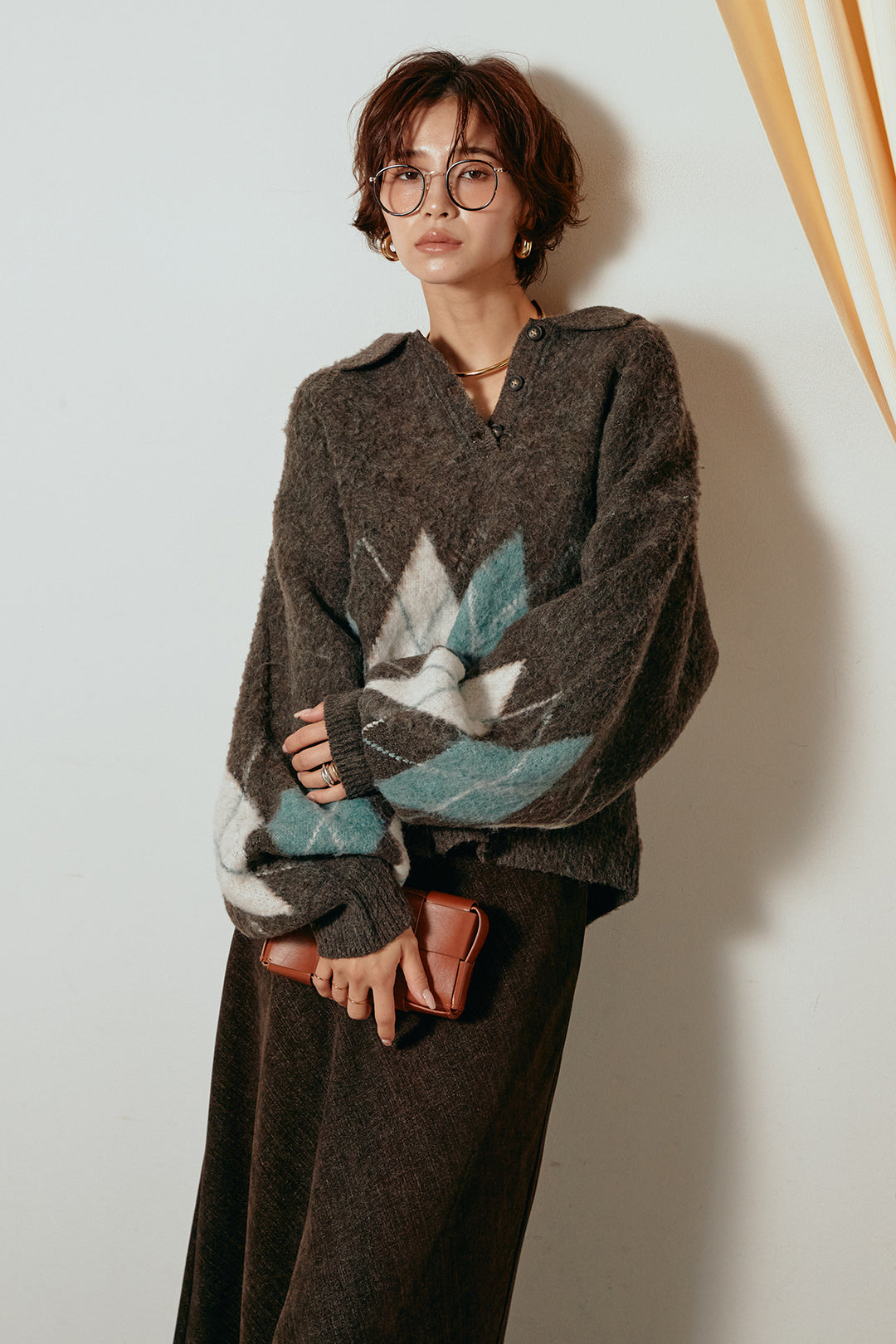 [SET]アーガイル柄ポロニットトップス+スウェードライクロングスカート(2set)