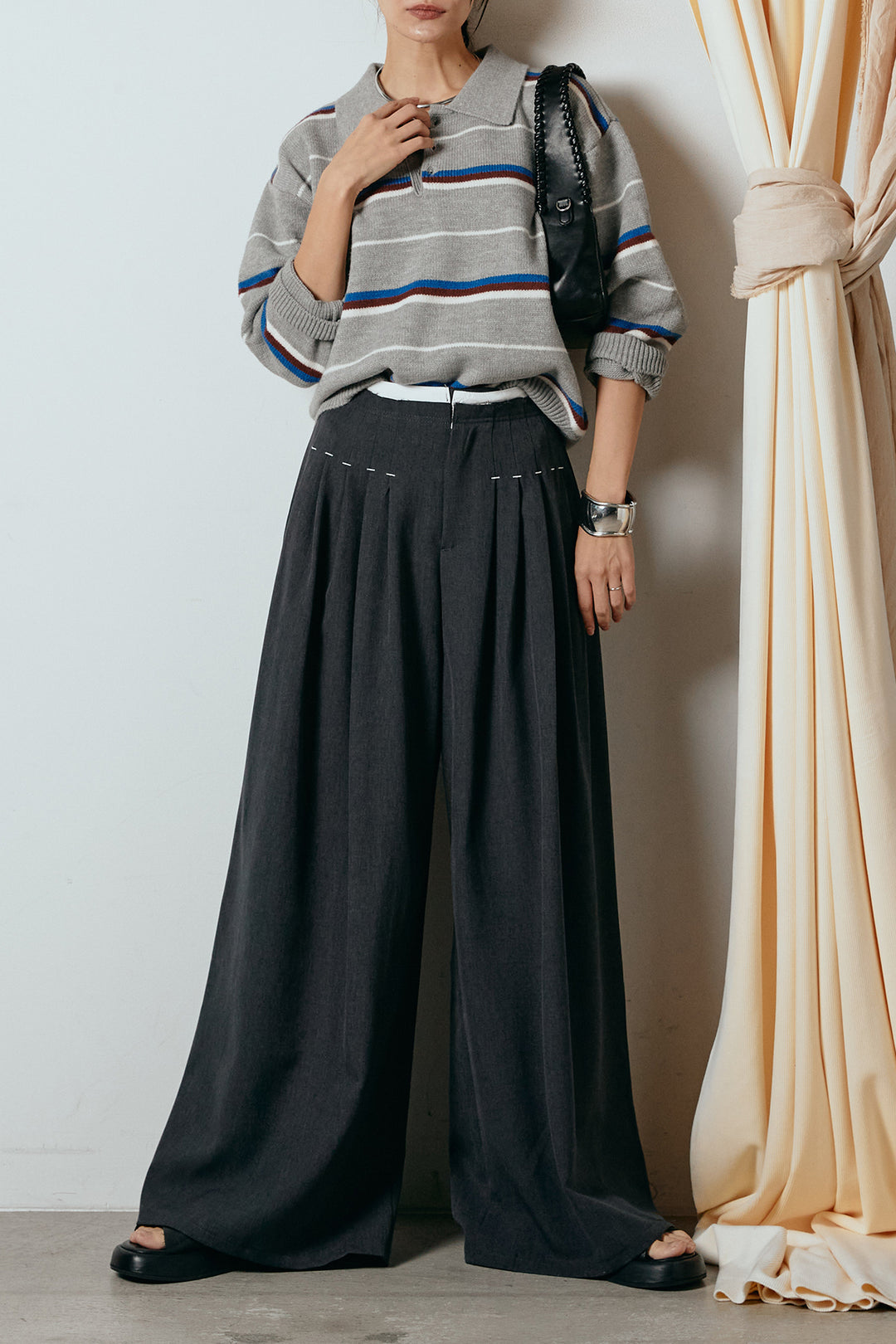 [SET]襟付きマルチボーダーニットポロトップス+ウエストステッチデザインワイドスラックス(2set)