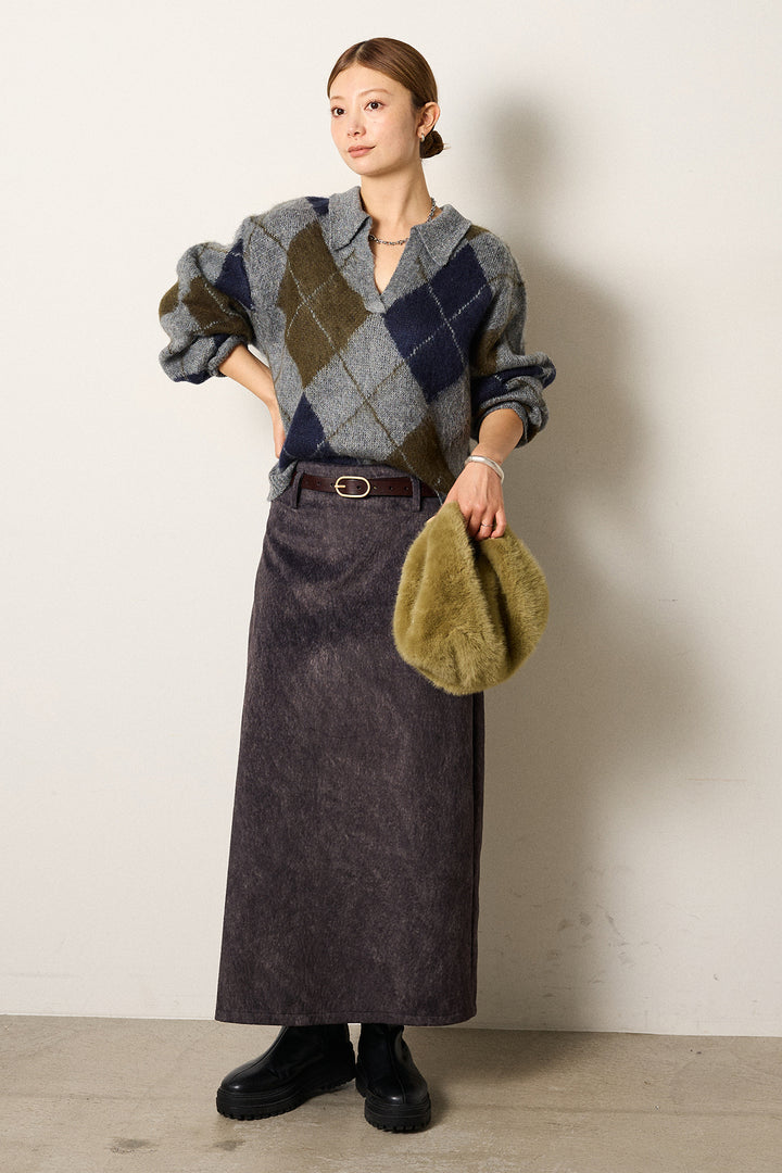 [SET]アクリルモヘアアーガイルキーネックプルオーバー+ロープベルト付きスウェード調スカート(2set)